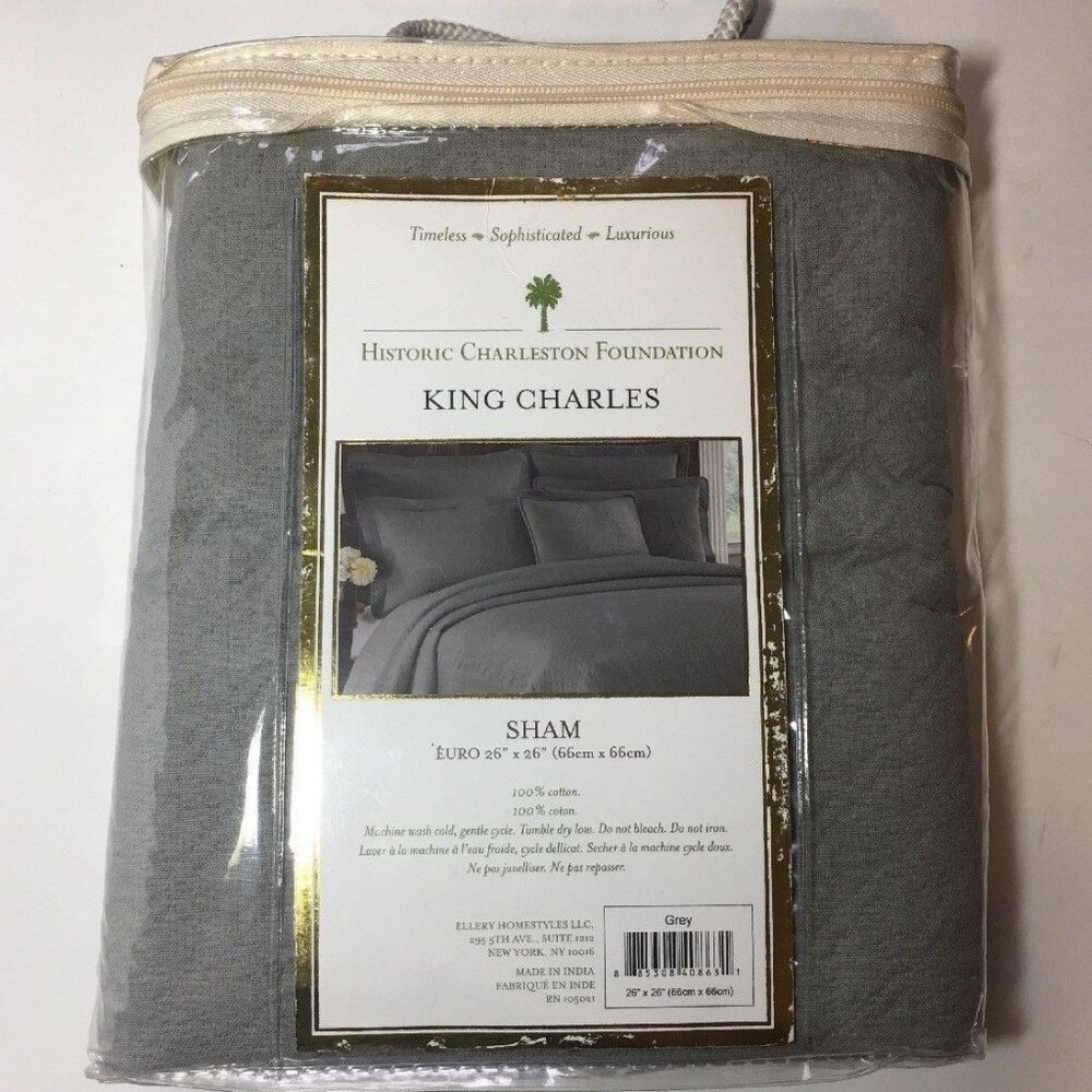 Euro Sham Grey Matelasse Quilted Sham 26 x 26 Historic Charleston King Charles